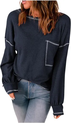 jovati 2024 Fall Fashion Versatile Clothes Womens Casual Crewneck Long Sleeve Shirt Loose Comfy Work Blouse With Pockets