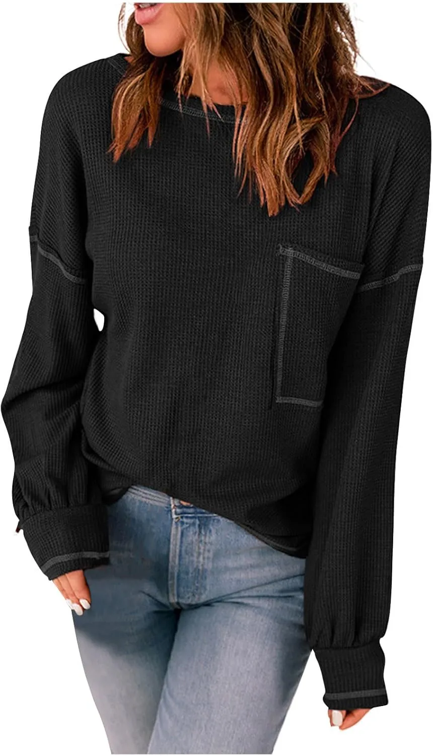 jovati 2024 Fall Fashion Versatile Clothes Womens Casual Crewneck Long Sleeve Shirt Loose Comfy Work Blouse With Pockets