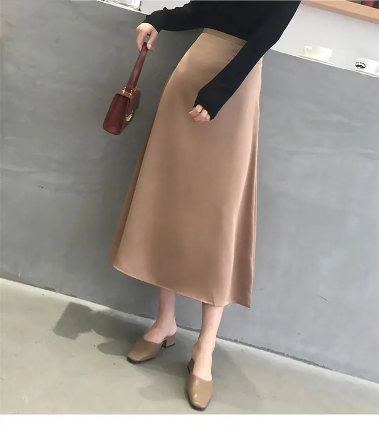 KittenAlarm - High Waist Glossy Long Satin Office Skirts
