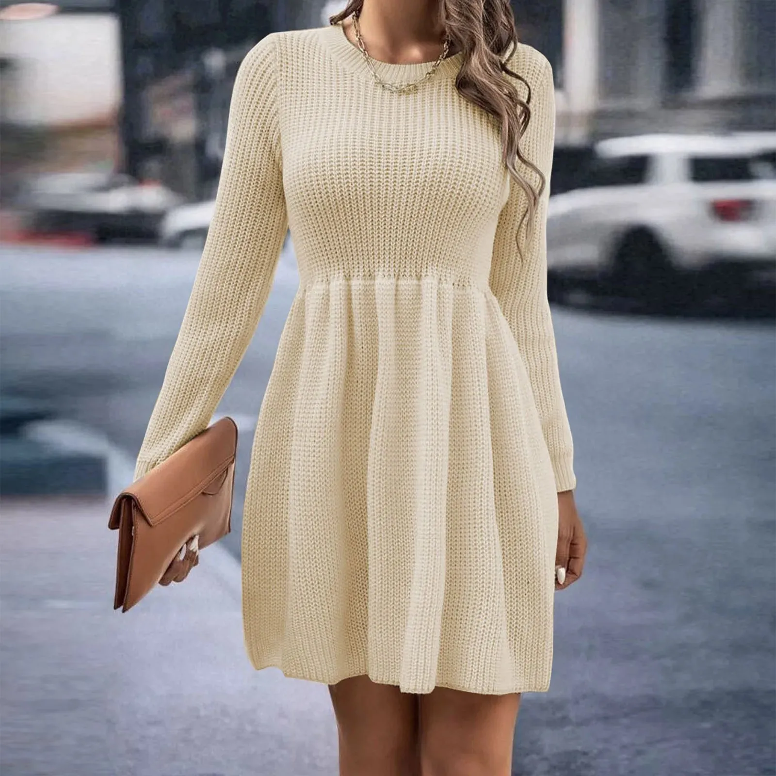 Knitted Flowing A-line Elastic Sleeve Solid Patchwork Long Sleeve Casual Autumn Dress