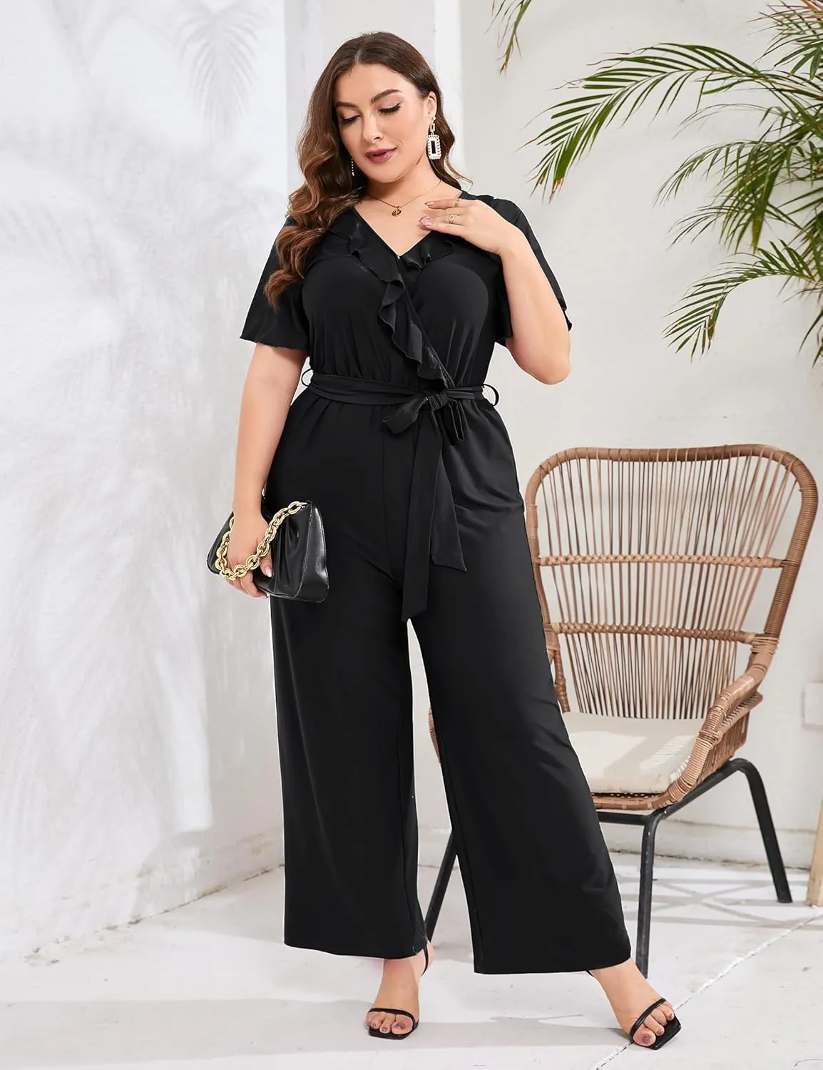 KOJOOIN Women Plus Size Ruffle V Neck Short Sleeve Wide Leg Jumpsuits Summer Casual Belted Rompers