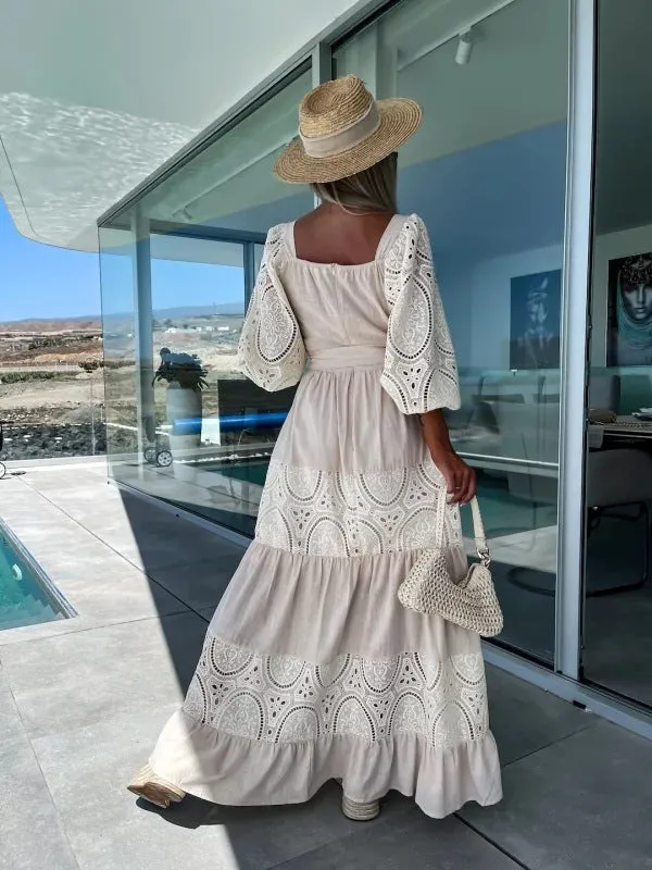 Lace Stitching Casual Loose Waist-controlled Lace-up Dress For Women