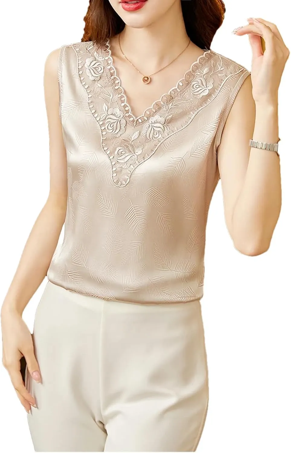Lace Tank Top V Neck Casual Summer Women Sleeveless Vest Printed Embroidery Camisole
