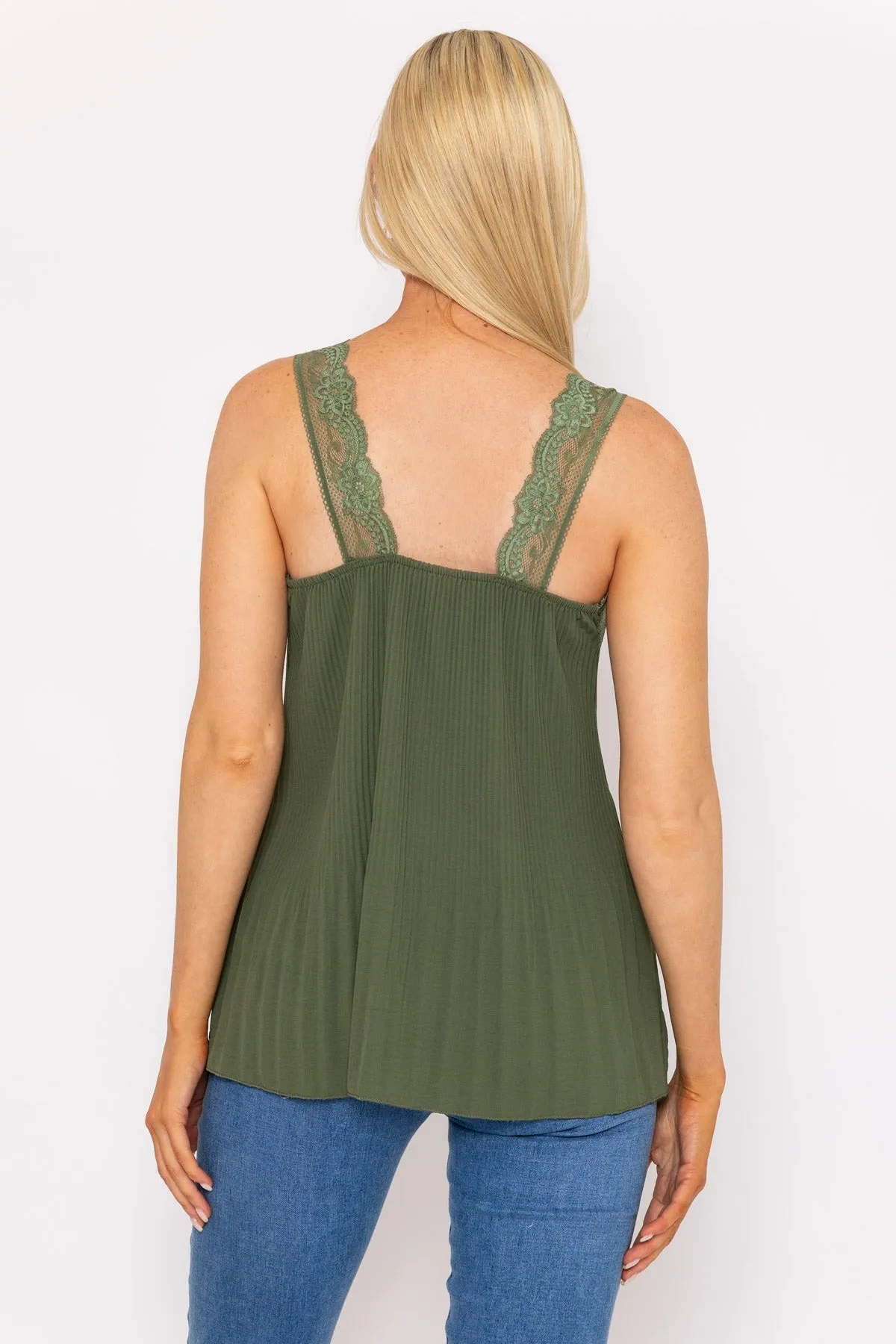 Lace Trim Pleated Cami in Khaki