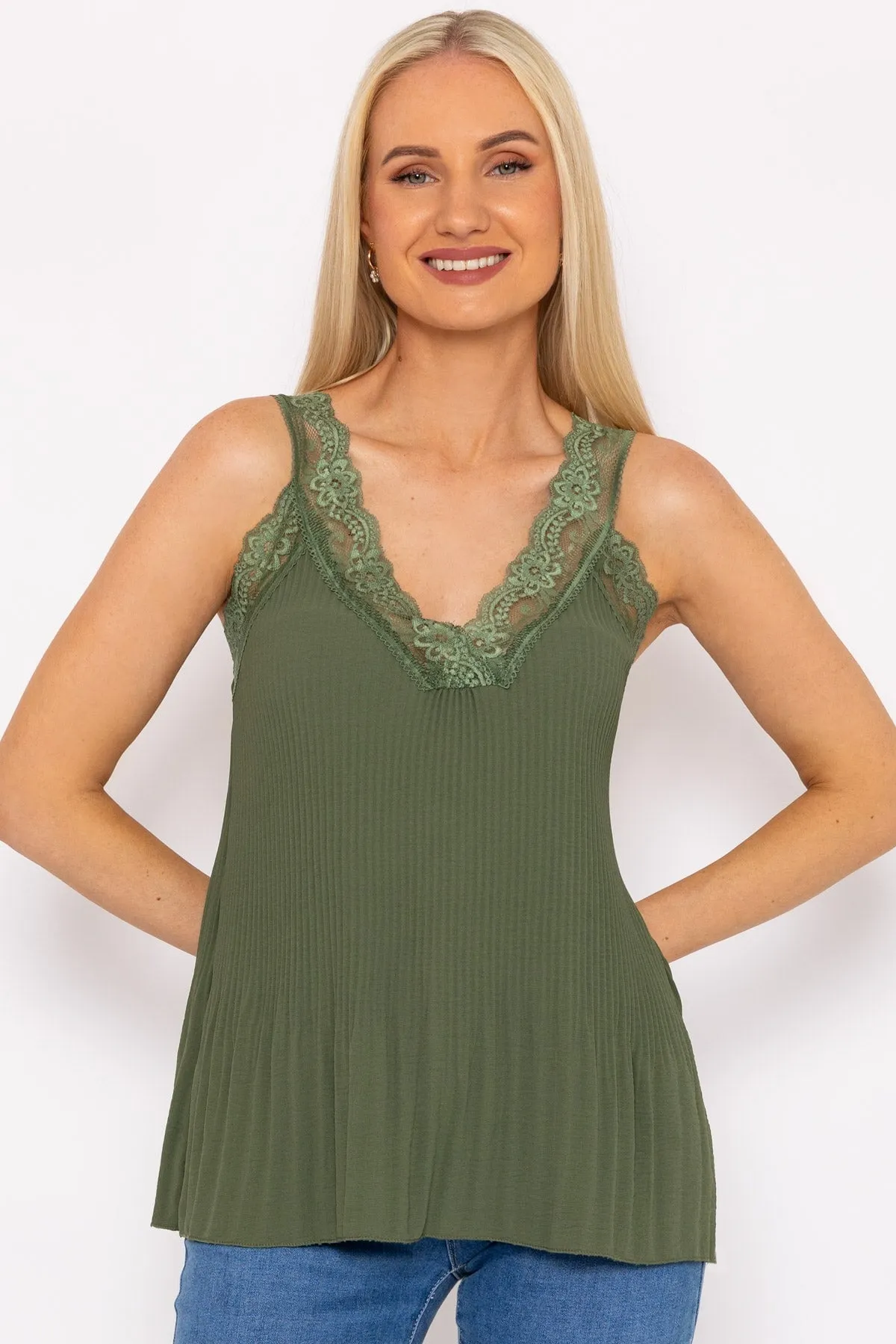 Lace Trim Pleated Cami in Khaki