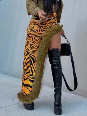 Lai Leopard Print Rough Edges Patchwork Maxi Skirts