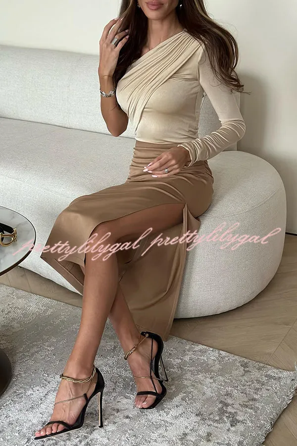 Layla Ruched Back Elastic Waist Side Slit Midi Skirt