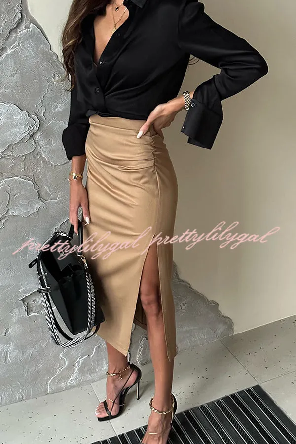 Layla Ruched Back Elastic Waist Side Slit Midi Skirt