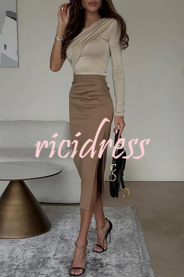 Layla Ruched Back Elastic Waist Side Slit Midi Skirt