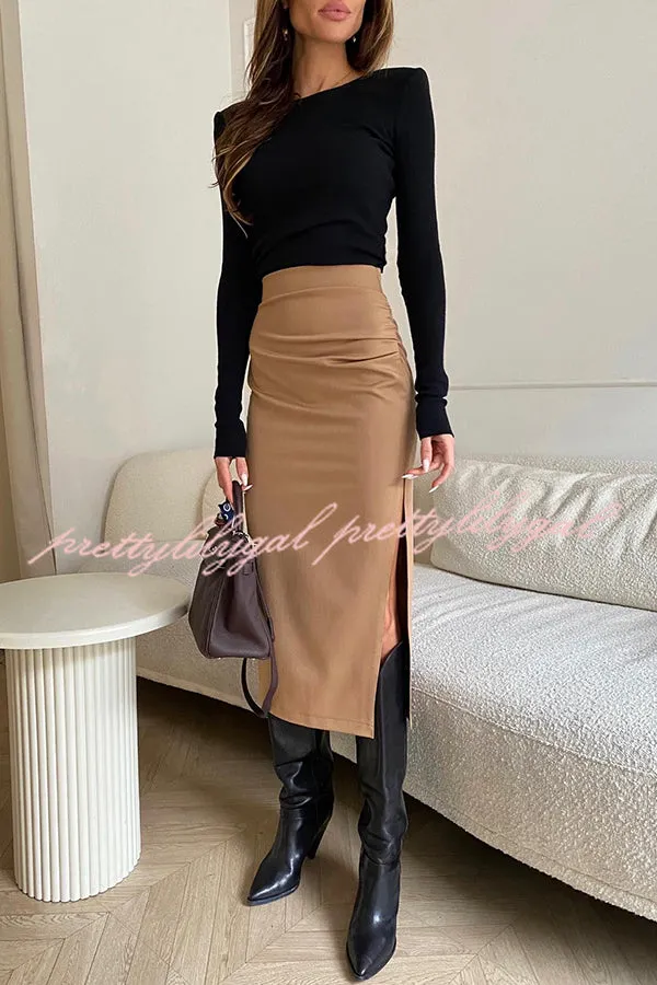 Layla Ruched Back Elastic Waist Side Slit Midi Skirt