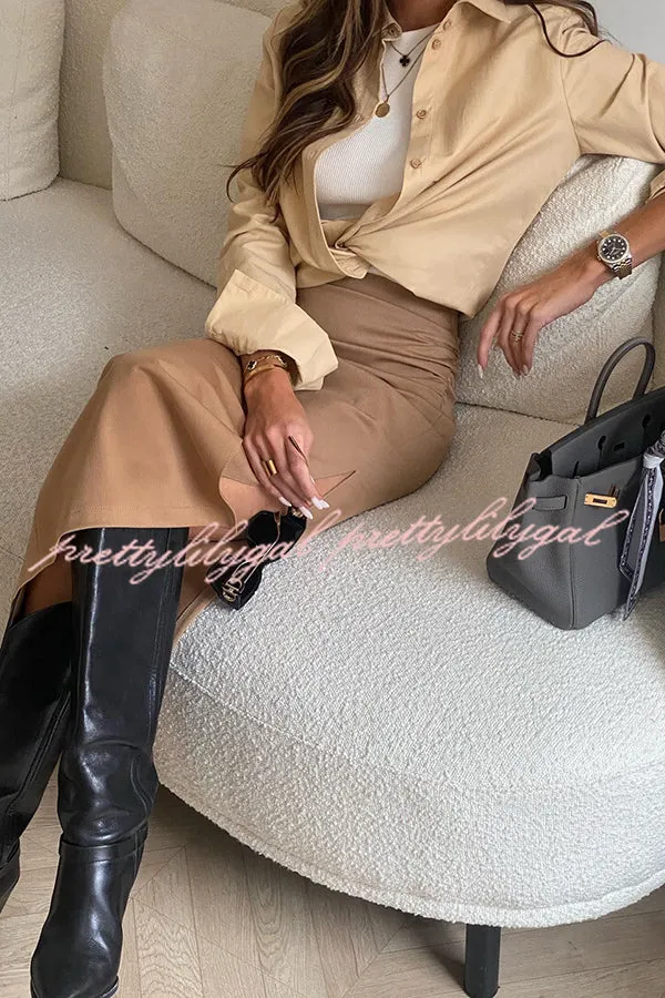 Layla Ruched Back Elastic Waist Side Slit Midi Skirt