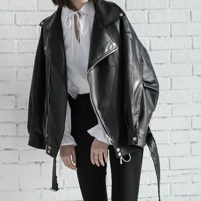 Leather Jackets High Quality 2019 Spring Black PU Leather Loose Turn-down Collar Zipper Fashion