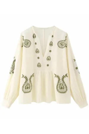 'Leila' V-Neck Embroidery Lantern Sleeve Blouse