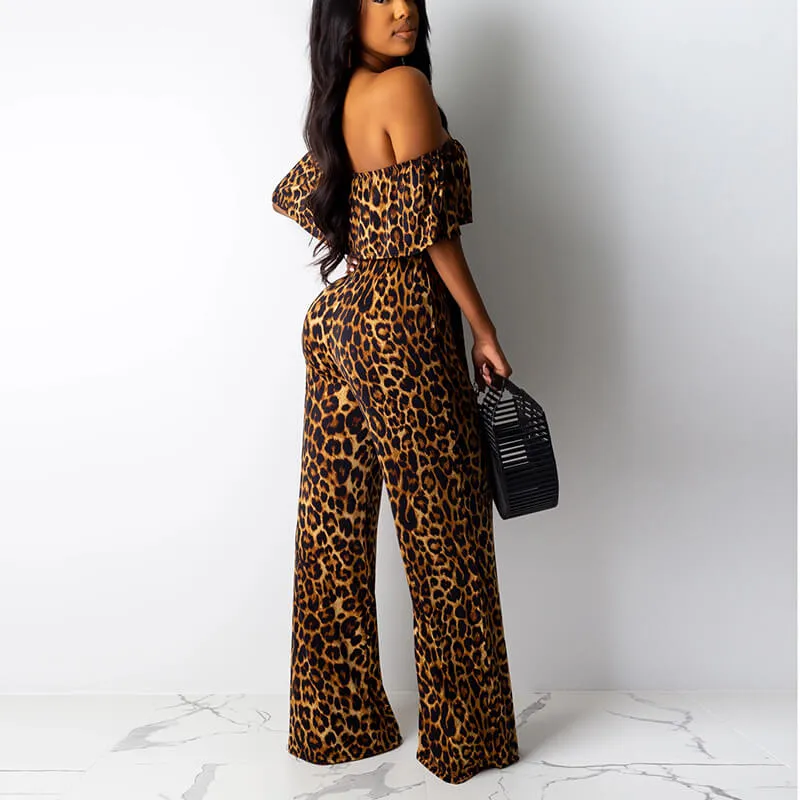 Leopard Off Shoulder Wide Leg Jumpsuits