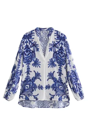 'Lilian' Floral V-NeckLong Sleeve Shirt