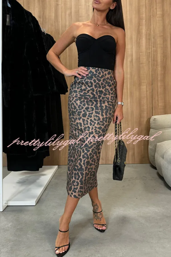 Lindsey Faux Leather High Rise Pocketed Slit Stretch Midi Skirt