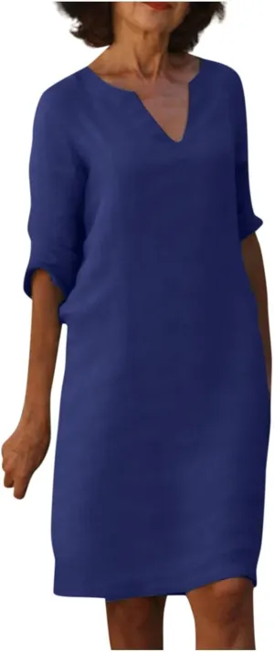 Linen Dresses for Women 2025 Summer Casual V Neck Half Sleeve Midi Dress Spring Vacaion Clothes