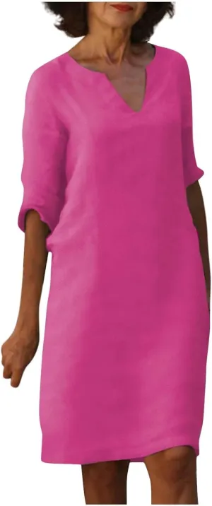 Linen Dresses for Women 2025 Summer Casual V Neck Half Sleeve Midi Dress Spring Vacaion Clothes