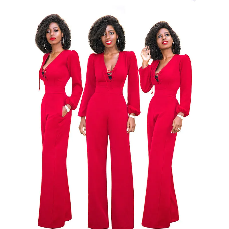 Long Lantern Sleeves Straps Hollow Out Long Wide-leg Jumpsuits
