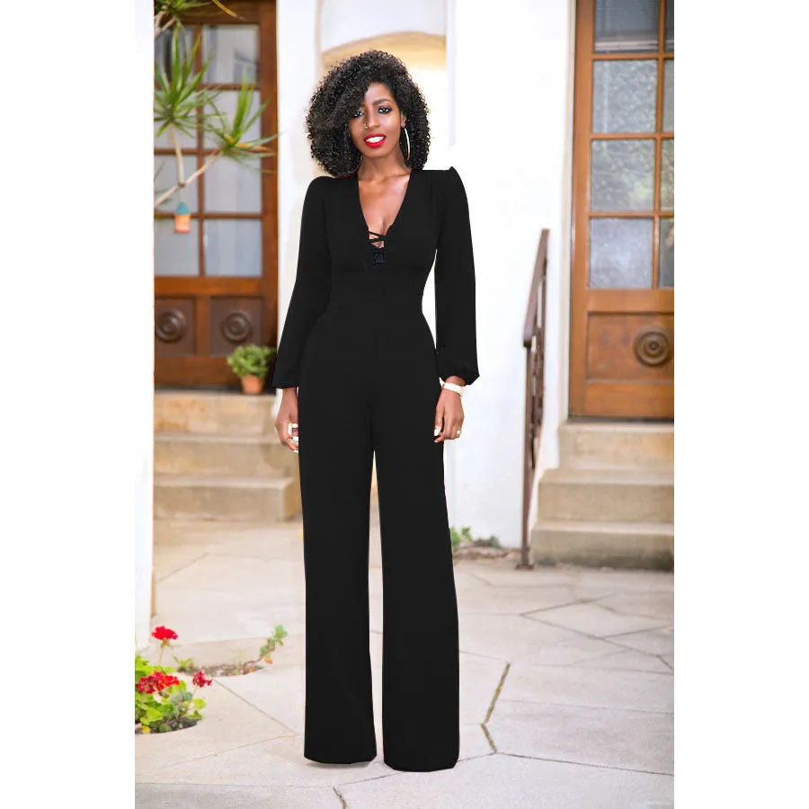 Long Lantern Sleeves Straps Hollow Out Long Wide-leg Jumpsuits