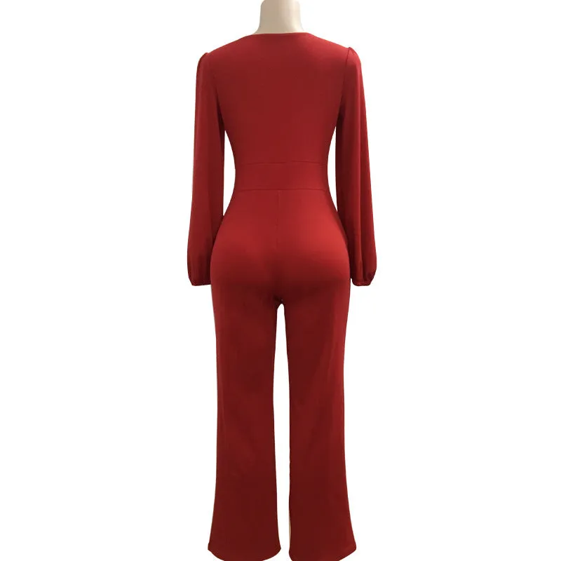 Long Lantern Sleeves Straps Hollow Out Long Wide-leg Jumpsuits
