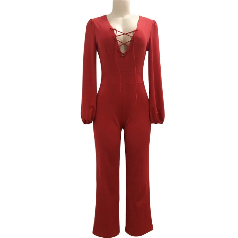 Long Lantern Sleeves Straps Hollow Out Long Wide-leg Jumpsuits