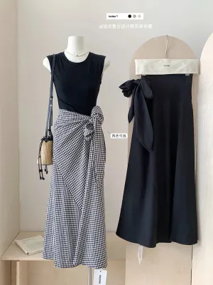 LVSANW Summer Women French Fashion Old Money Midi Long Vintage Plaid Wrap Skirt Cutecore 2000s Aesthetic Office Lady Mori Girl Simple