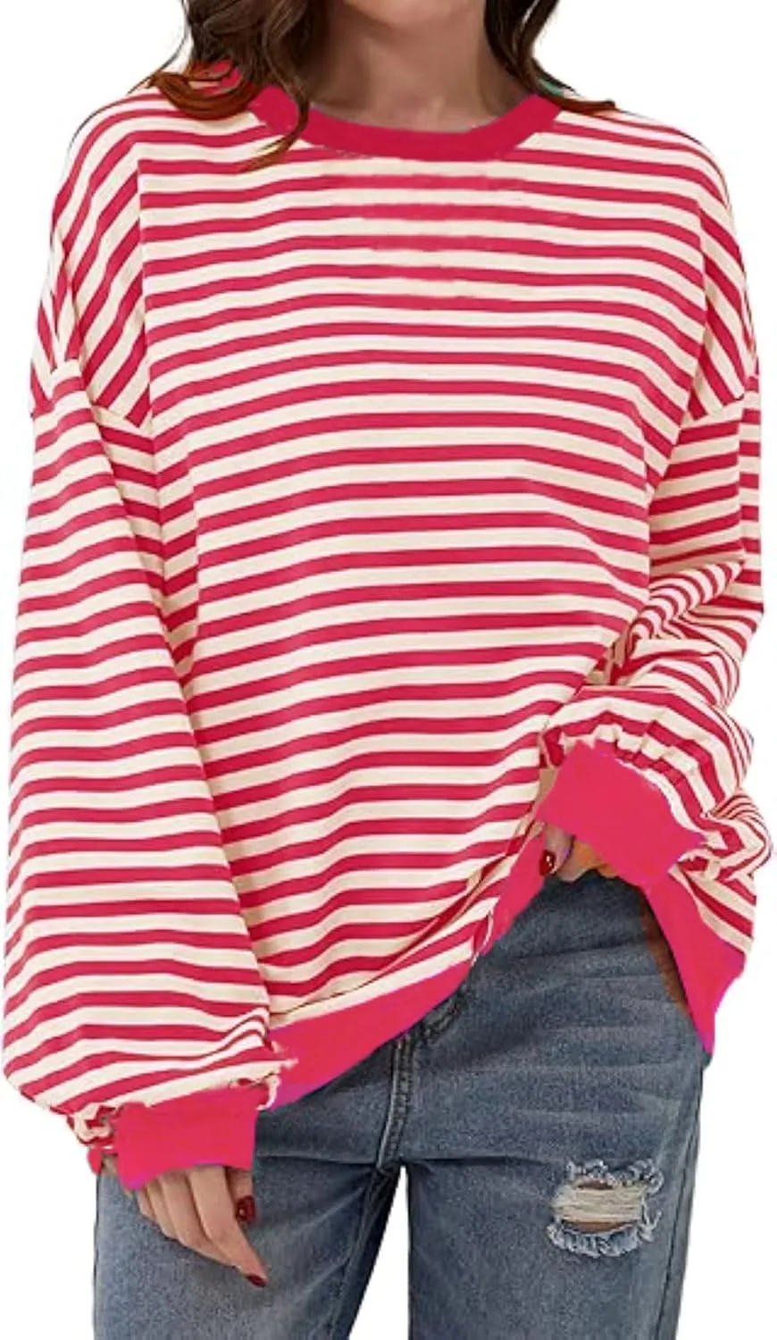 MAGICMK Womens Oversized Sweatshirt Long Sleeve Striped Crewneck Hoodies Shirts Trend Preppy Fall Women pullover tops