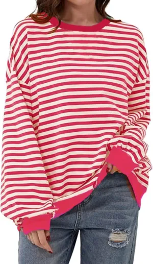 MAGICMK Womens Oversized Sweatshirt Long Sleeve Striped Crewneck Hoodies Shirts Trend Preppy Fall Women pullover tops