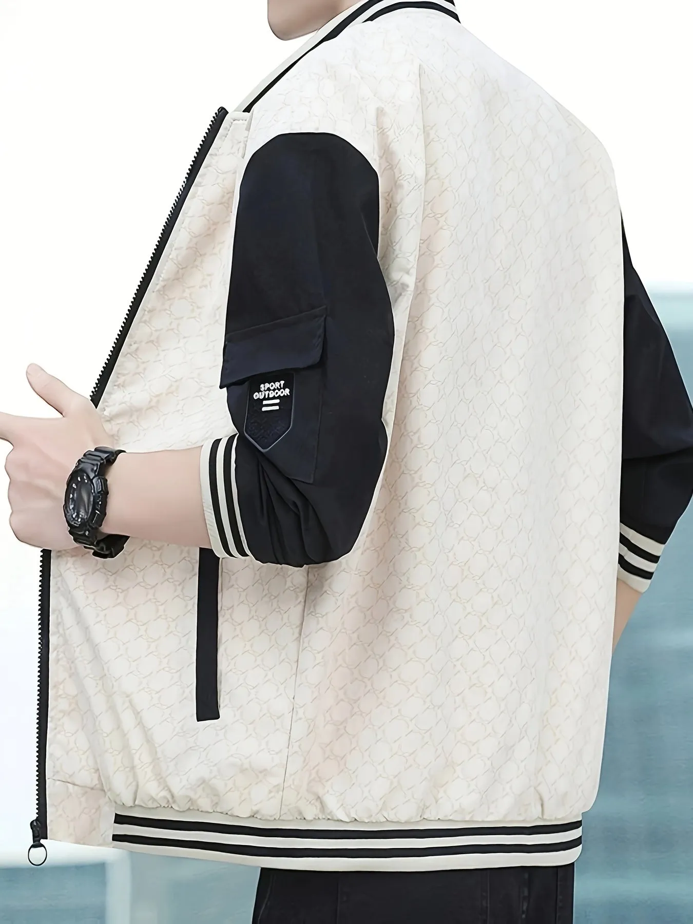 Men's Casual Color Block Bomber Jacket, Chic Baseball Collar Jacket