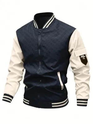 Men's Casual Color Block Bomber Jacket, Chic Baseball Collar Jacket