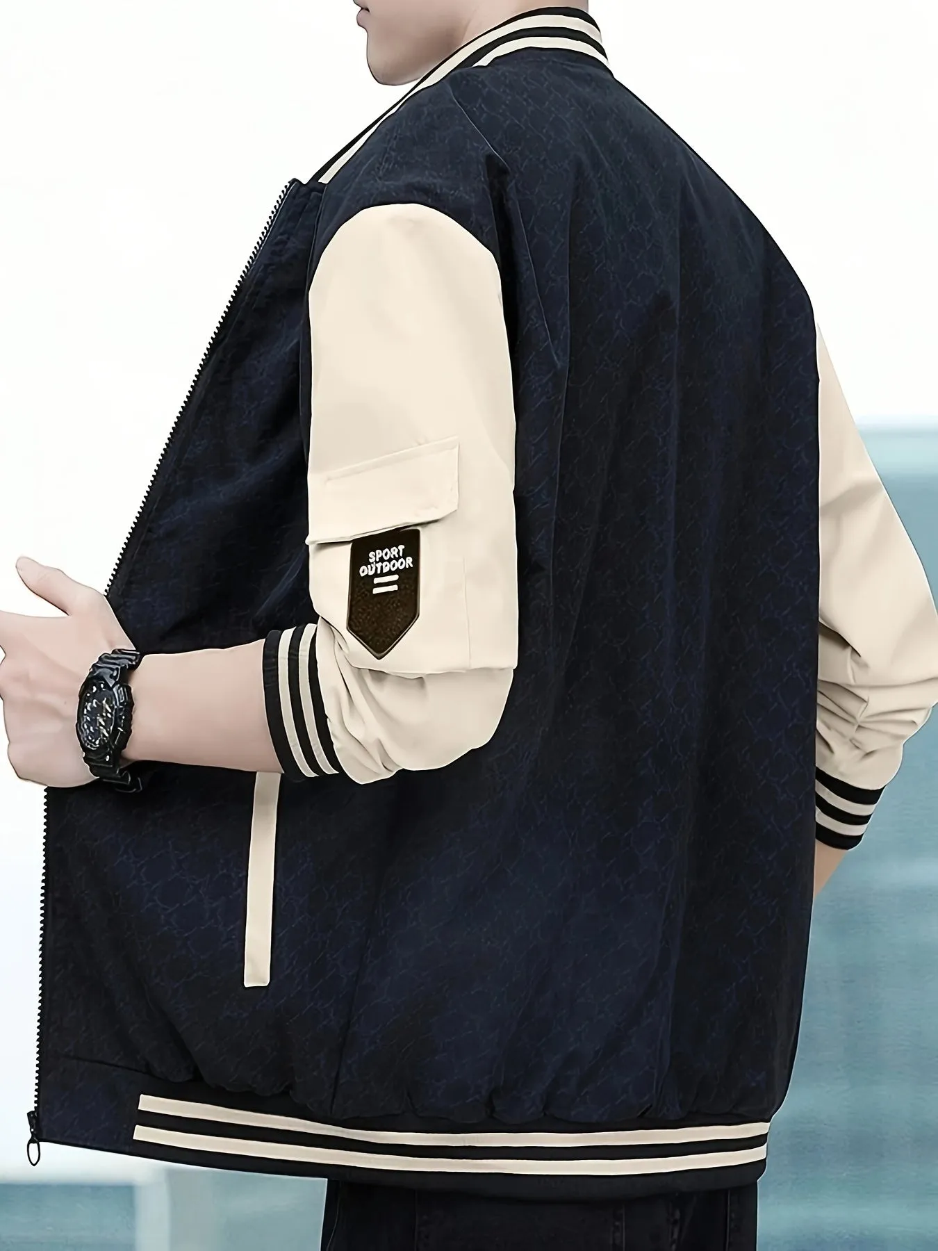 Men's Casual Color Block Bomber Jacket, Chic Baseball Collar Jacket