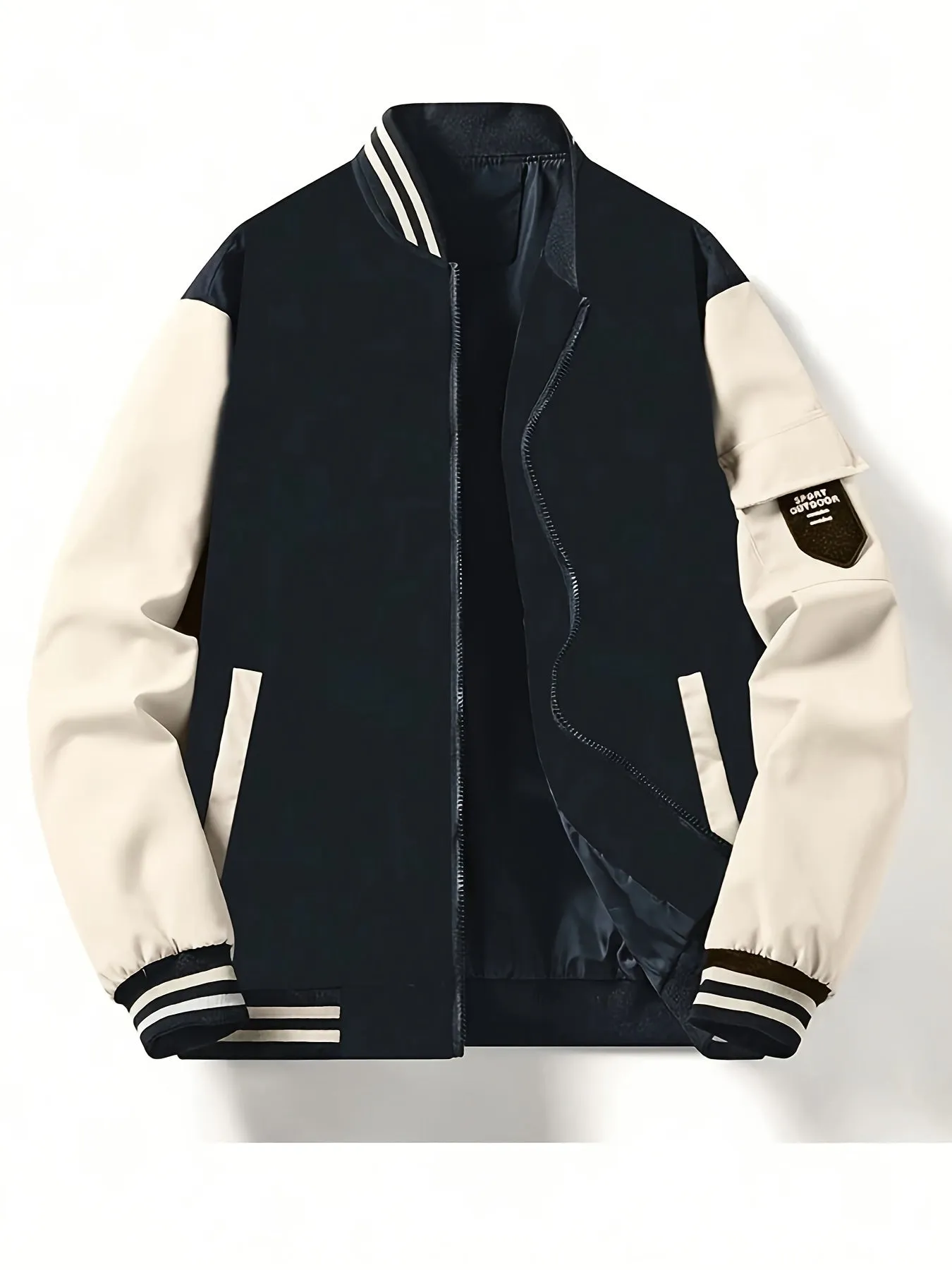 Men's Casual Color Block Bomber Jacket, Chic Baseball Collar Jacket