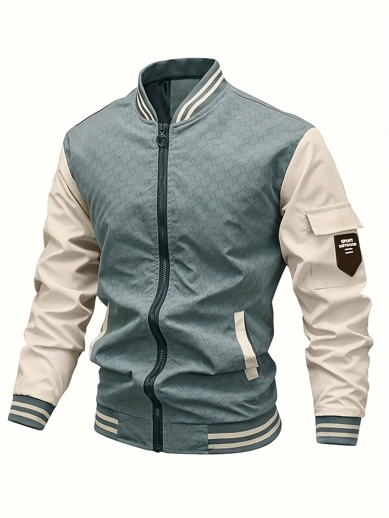 Men's Casual Color Block Bomber Jacket, Chic Baseball Collar Jacket