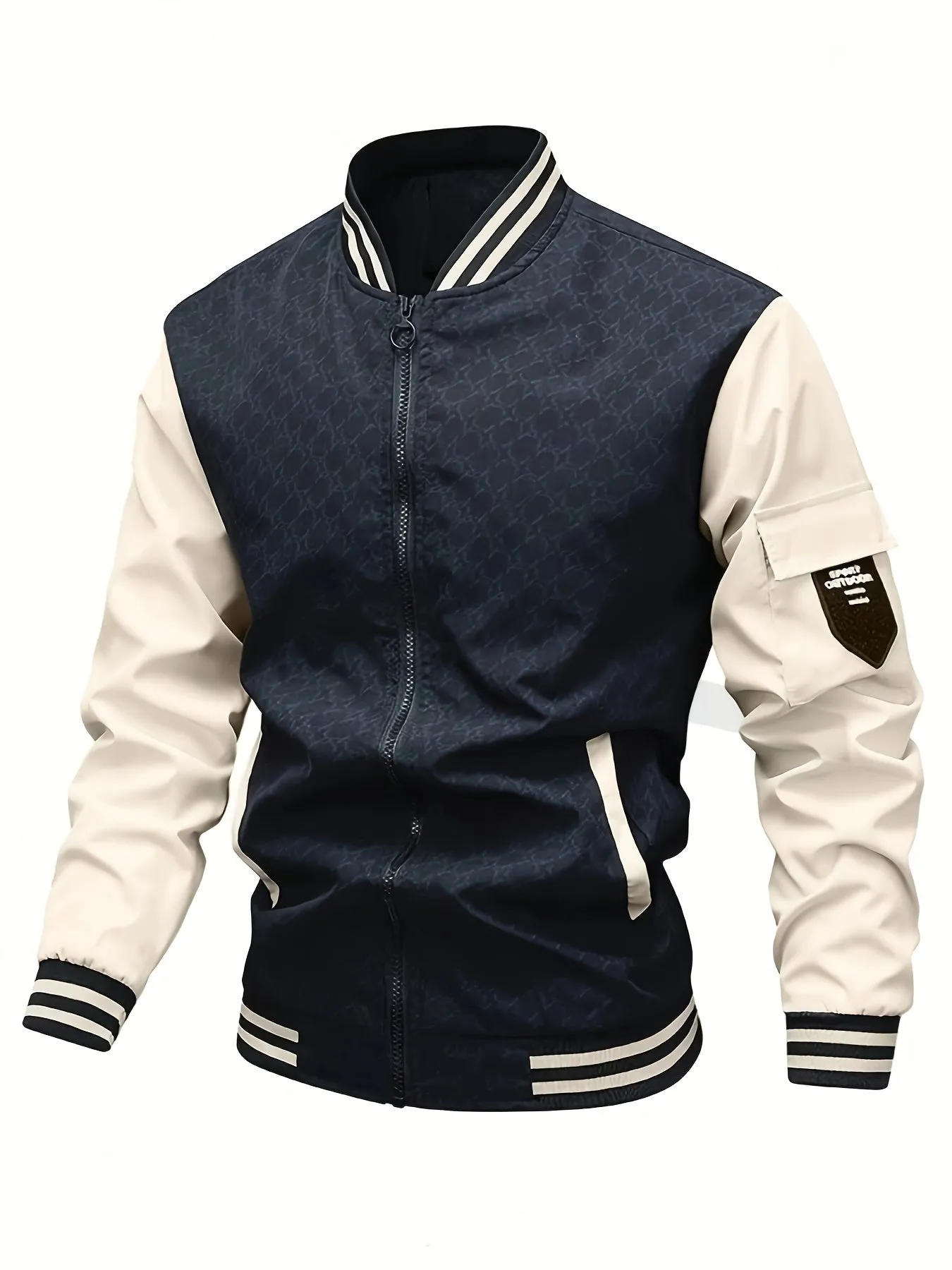 Men's Casual Color Block Bomber Jacket, Chic Baseball Collar Jacket