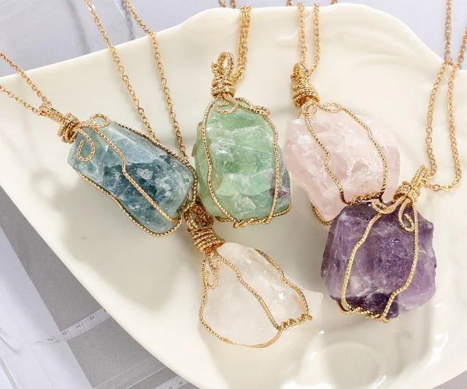 Natural stone fluorite gold-tone chain bohemian pendant necklace