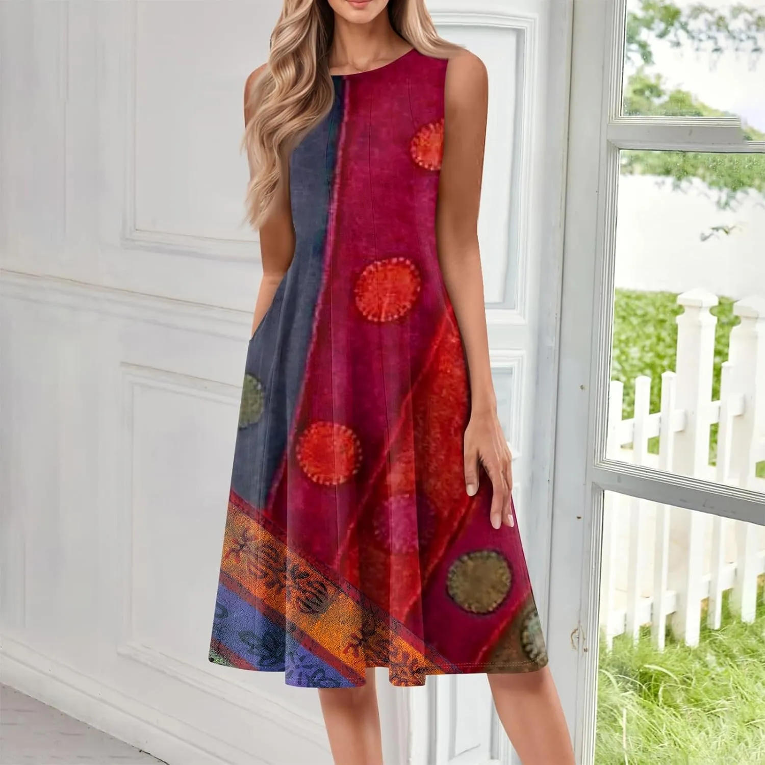 NBXNZWF Summer Dresses for Women 2025 Vacation Round Neck Sleeveless Mid Length Dress Beach Holiday Boho Print Sundresses