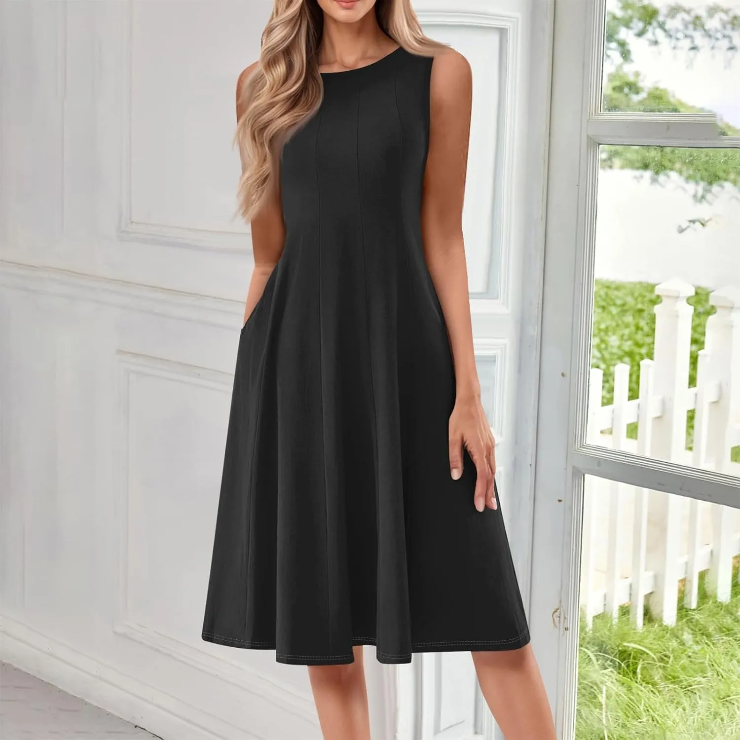 NBXNZWF Summer Dresses for Women 2025 Vacation Round Neck Sleeveless Mid Length Dress Beach Holiday Boho Print Sundresses