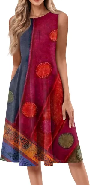 NBXNZWF Summer Dresses for Women 2025 Vacation Round Neck Sleeveless Mid Length Dress Beach Holiday Boho Print Sundresses