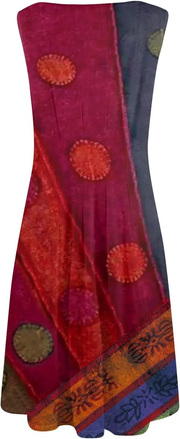 NBXNZWF Summer Dresses for Women 2025 Vacation Round Neck Sleeveless Mid Length Dress Beach Holiday Boho Print Sundresses
