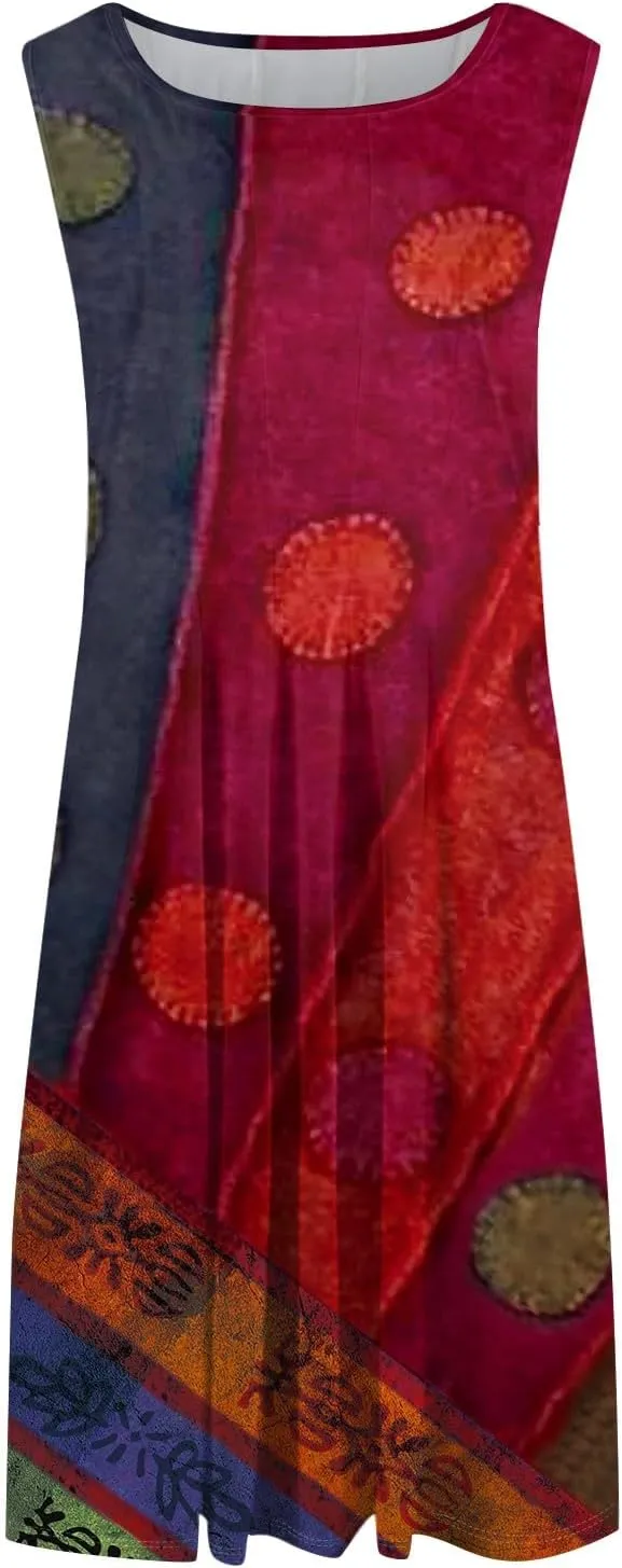 NBXNZWF Summer Dresses for Women 2025 Vacation Round Neck Sleeveless Mid Length Dress Beach Holiday Boho Print Sundresses