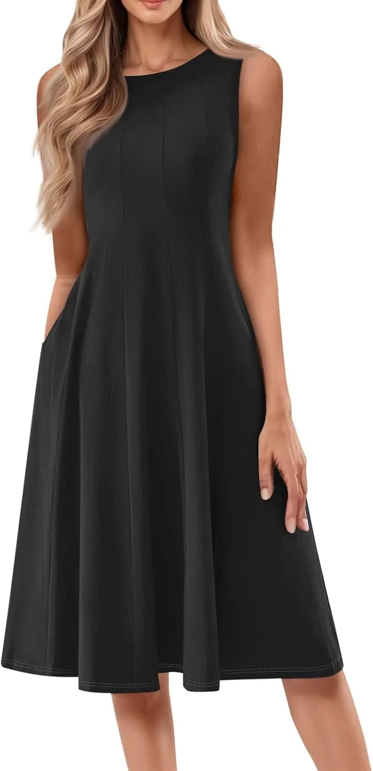 NBXNZWF Summer Dresses for Women 2025 Vacation Round Neck Sleeveless Mid Length Dress Beach Holiday Boho Print Sundresses