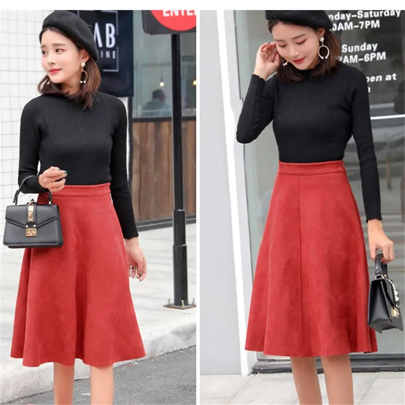 Neophil Women Suede High Waist Midi Skirt 2021 Winter Vintage Style