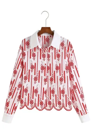 'Norma' Collared Embroidery Long Sleeve Blouse
