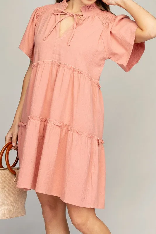 OE: Tiered mini dress with tie