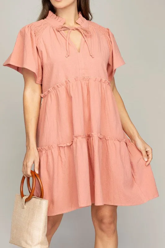OE: Tiered mini dress with tie