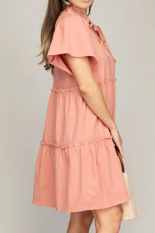 OE: Tiered mini dress with tie