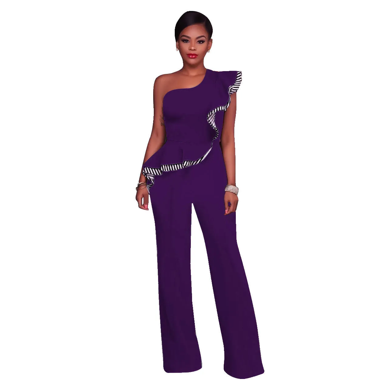 One Shoulder High Waist Pure Color Falbala Long Wide Leg Jumpsuits