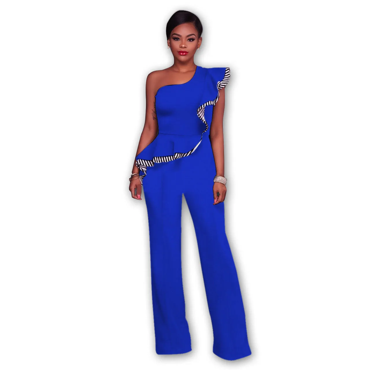 One Shoulder High Waist Pure Color Falbala Long Wide Leg Jumpsuits