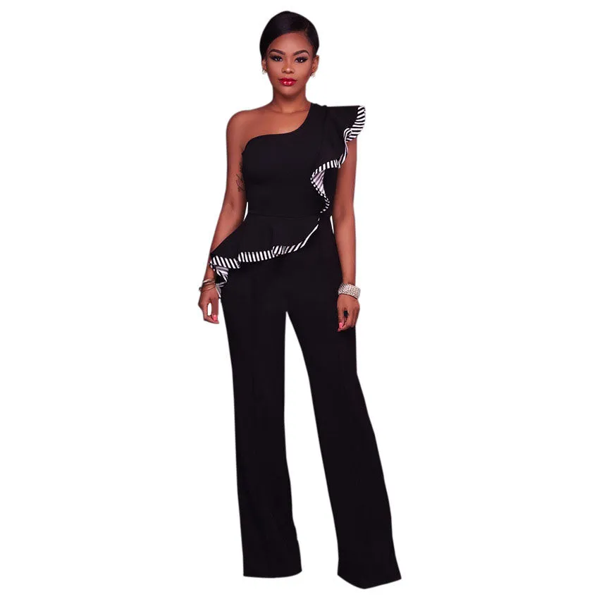 One Shoulder High Waist Pure Color Falbala Long Wide Leg Jumpsuits